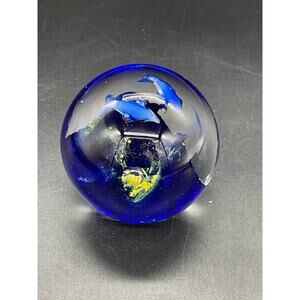 Art Glass Dolphins Deep Blue Tropical Underwater Ocean Paperweight 2.5"
